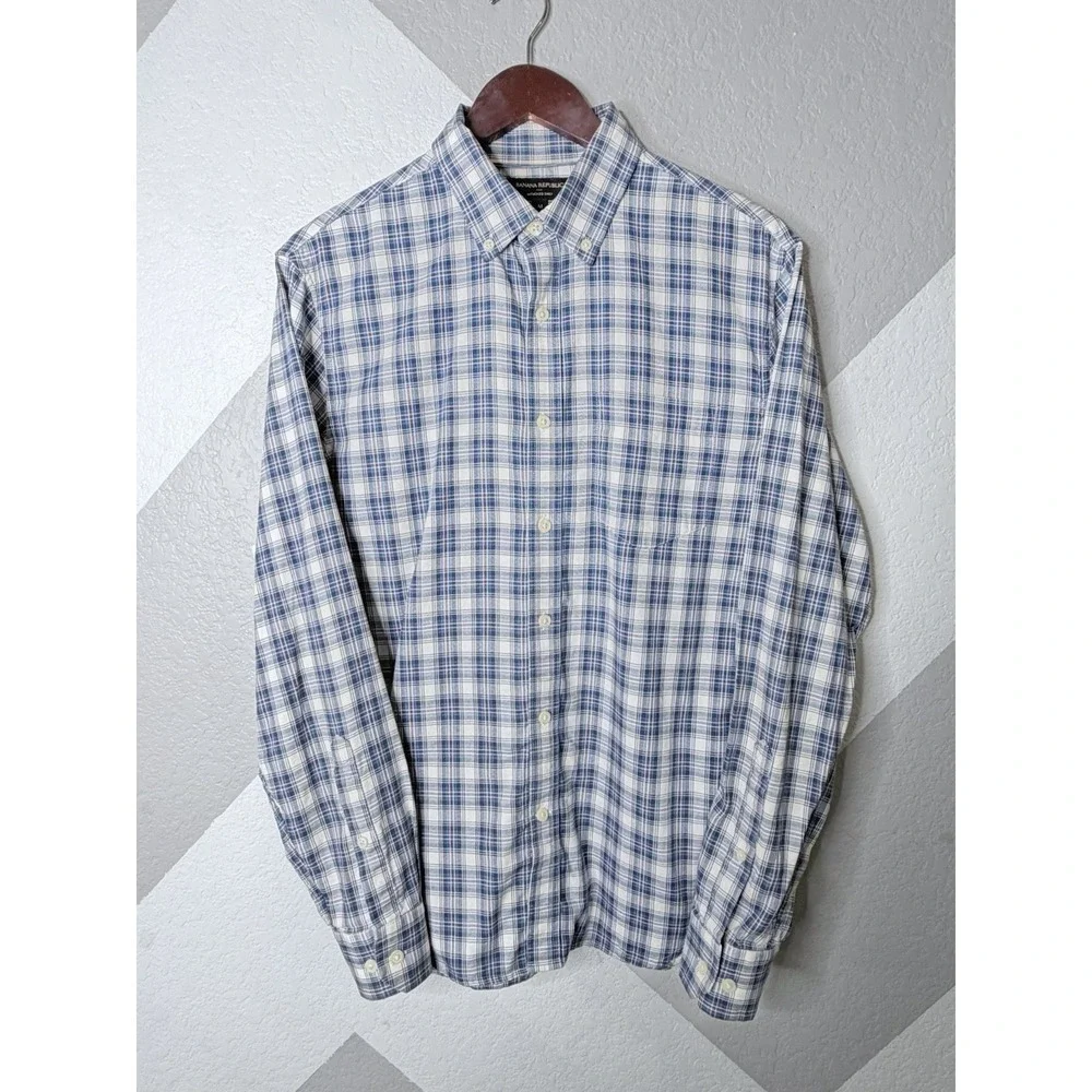 Banana Republic Mens Medium Untucked Shirt Blue Plaid Button Front 100% Cotton